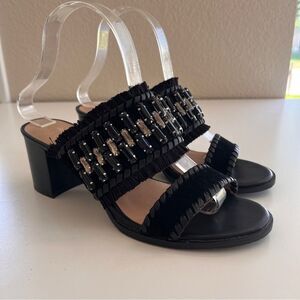 Jack Rogers Black Beaded Fringe Block Heel Sandals